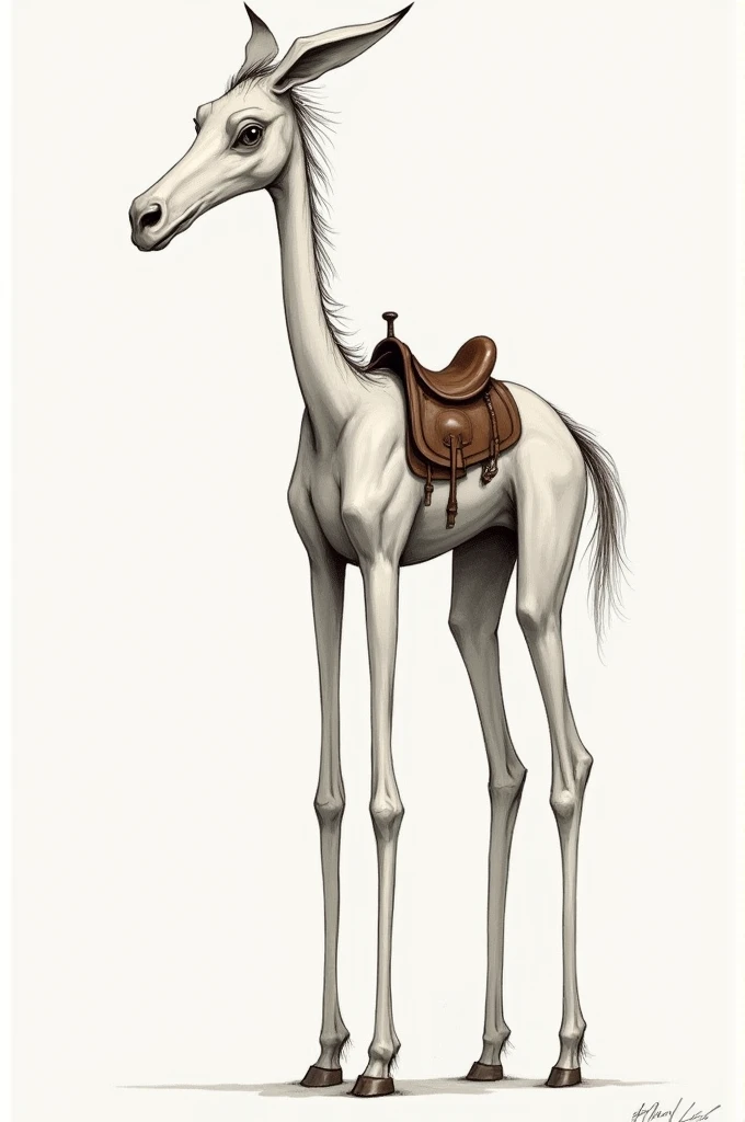 Draw me a tall creature with long legs, hairy and a saddle on its back