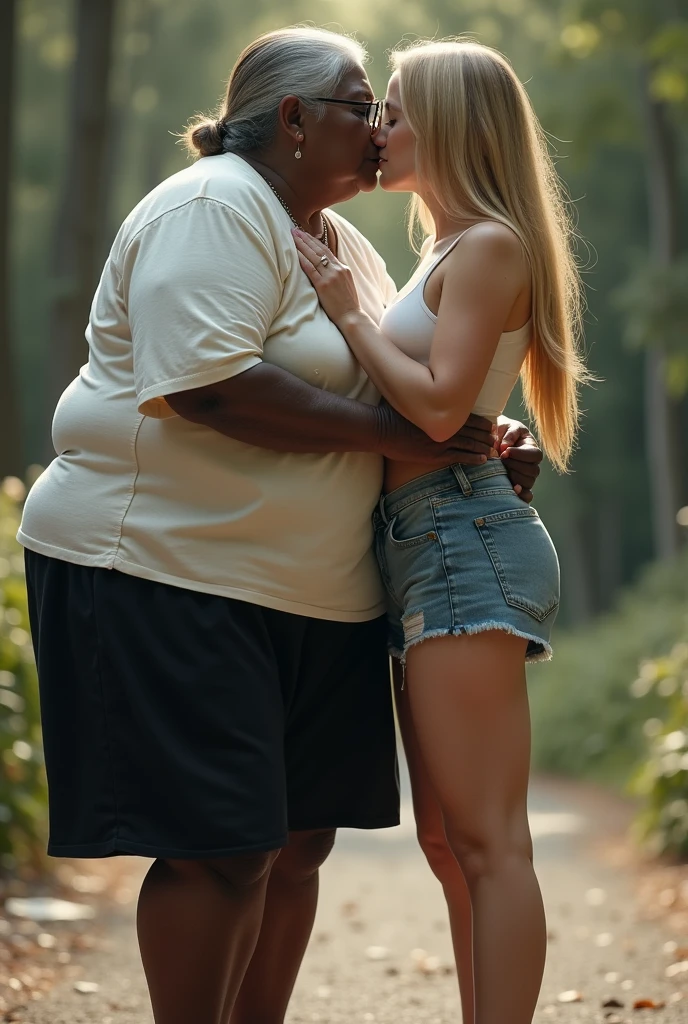 Create a realistic image of an elderly woman, 90 years old, obese, with black and dark skin, wearing a white shirt and black skirt and glasses, lifting himself off the ground by the waist and lifting his body high into the air and kissing a young woman of 25 years of age, with light white skin, blonde hair long, slim body, wearing a white top and short denim shorts