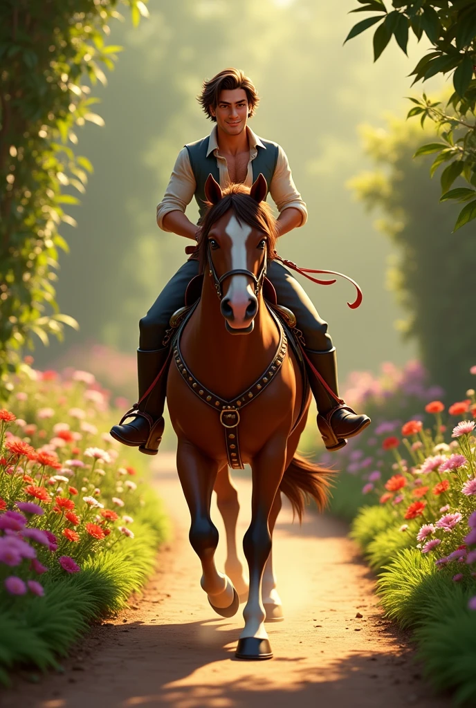 flynn rider ridding a horse at a garden