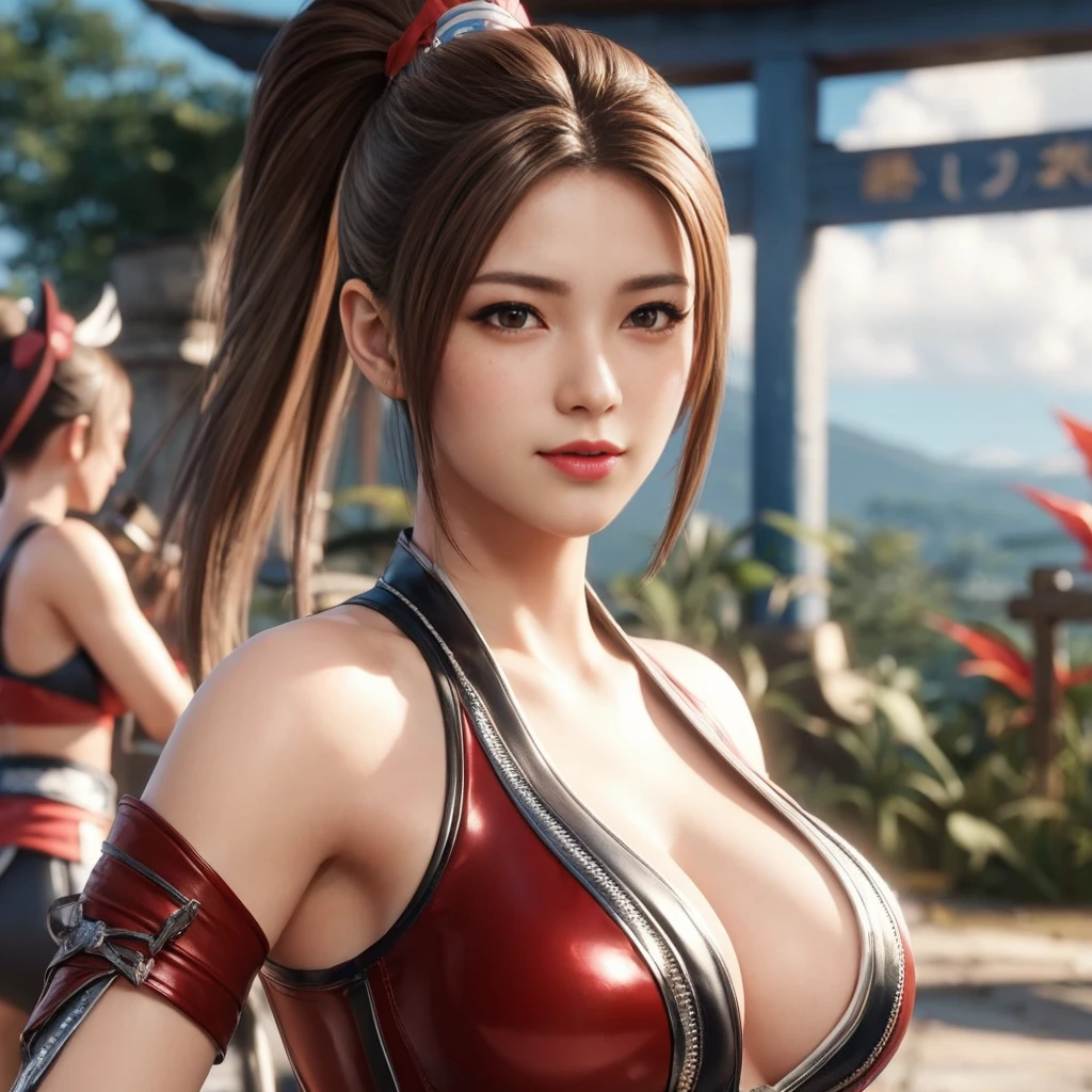 Mai Shiranui, (best quality,Ultra-detailed),(realistic:1.37), beautiful and detailed face, ultra-realistic texture, delicate face, athletic body, vivid colors. high definition, 8K, wearing red lipstick, rosy cheeks.