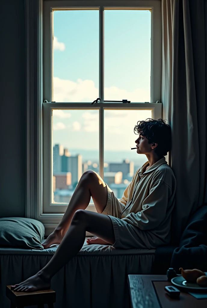 one in pajamas smoking in the window of an apartment