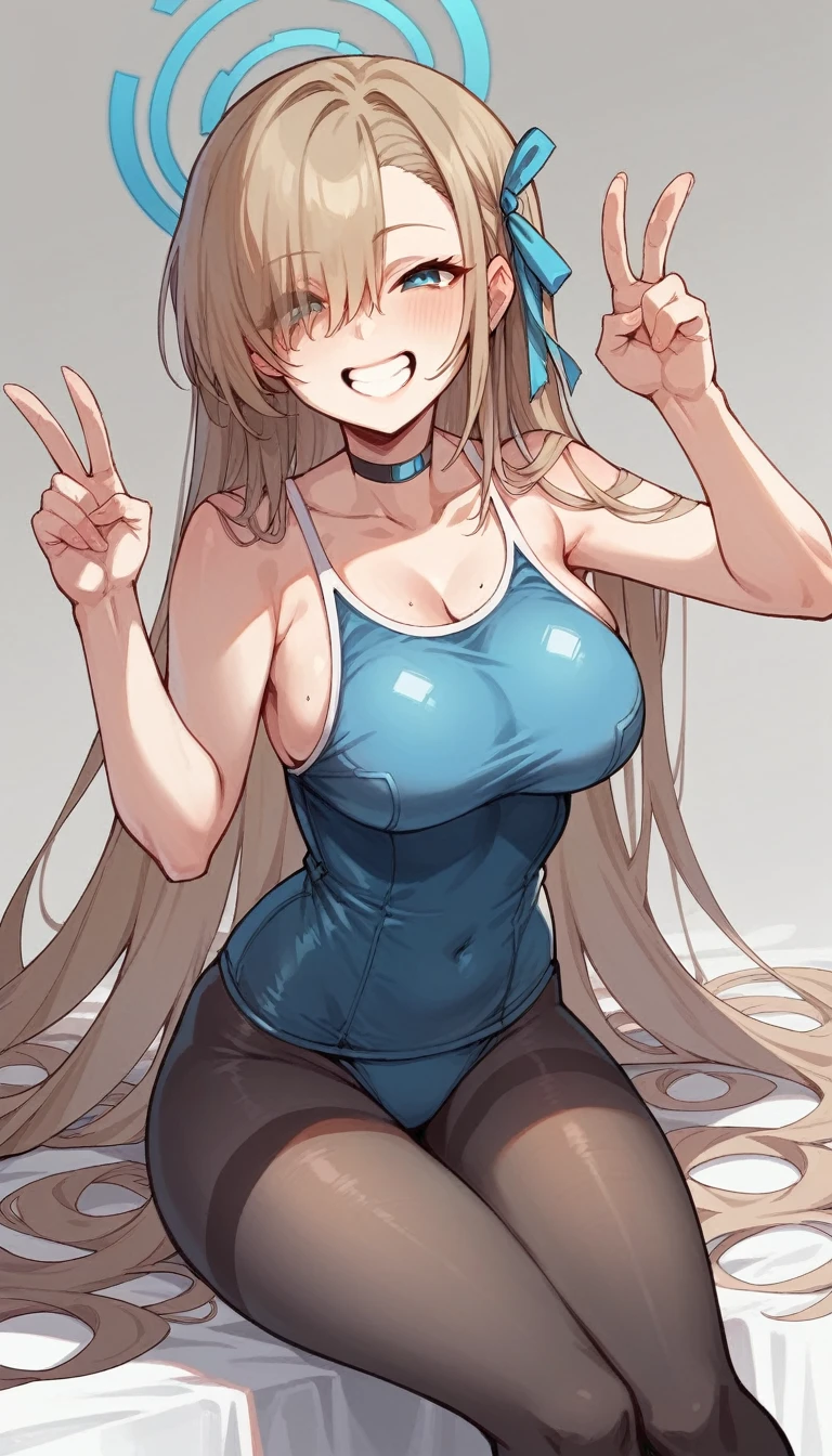 A full chest、stand、peace sign、Grin、School Swimsuit、Black tights、Blue Archive、Asuna