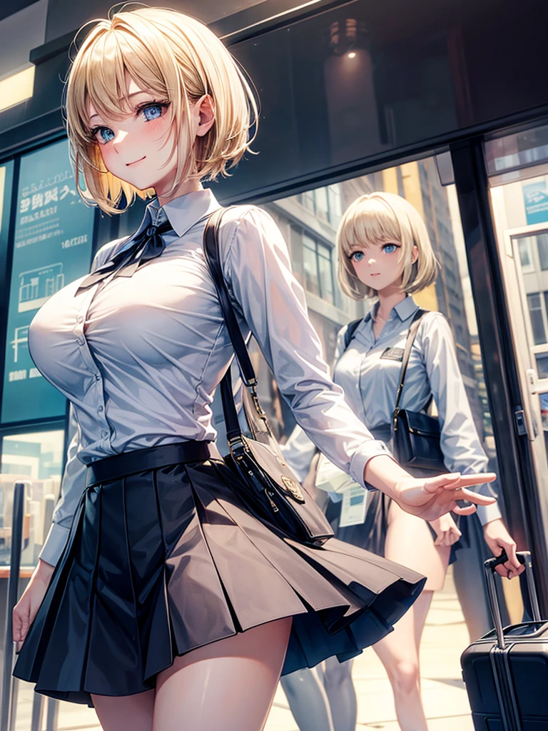 Anime style, super fine illustration, highly detailed, beautiful detailed, pale tone image, static representation, gentle expression, happy expression, 8k, pretty 1girl with blonde straight short hair & blue eyes & a bright smile & full bust & soft fair skin is wearing big white business shirt not to show her skin & black tight skirt & 1business bag, on the business building morning street, in the morning, brilliant particles of lights, happy stories, solo, perfect fingers, perfect arms, perfect legs, masterpiece.