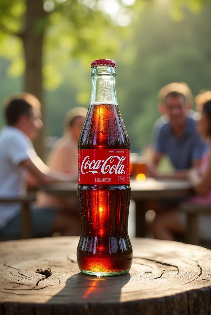 Create an image of a cold 2-liter Coca-Cola, placed on a nice wooden table outdoors with people in the background which will also be blurred.
Let the bottle be on the left side of the image, not in the middle. Consider the position I want for the bottle that I have indicated to you..

I want the other model of the bottle, The one that is talkative and looks more voluptuous, It is 2 liters 