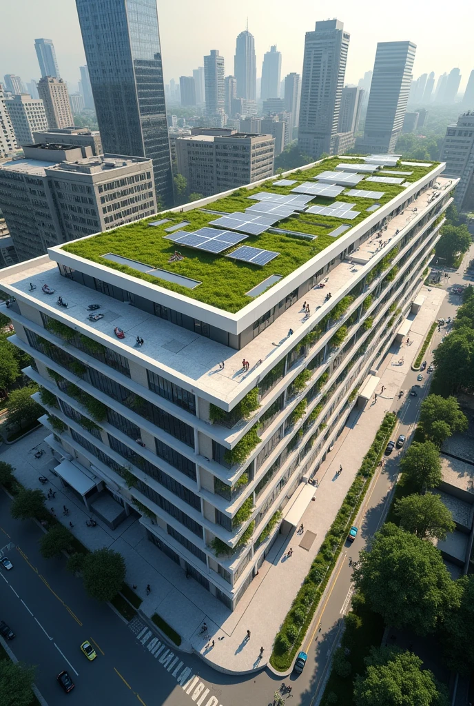 CREATE AN AERIAL PHOTO TAKEN BY DRONE, FROM AN ECO-SUSTAINABLE FOOTWEAR FACTORY-STORE VIEW FROM ABOVE, THE LOCATION MUST BE LARGE IN AN URBAN SPACE