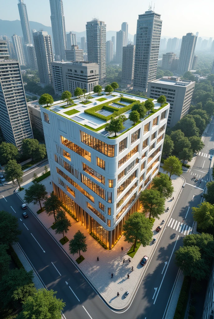 CREATE AN AERIAL PHOTO TAKEN BY DRONE, FROM AN ECO-SUSTAINABLE FOOTWEAR FACTORY-STORE VIEW FROM ABOVE, THE LOCATION MUST BE LARGE IN AN URBAN SPACE