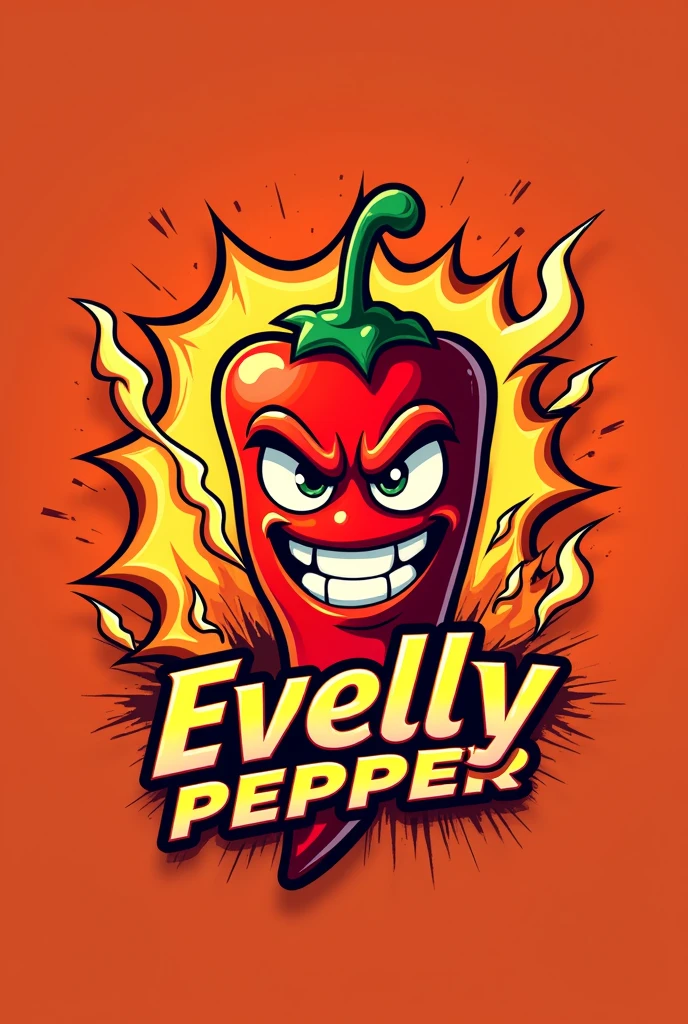 Make a logo for a spicy snack brand with a very explosive mascot. The brand name will be Evelly pepper.