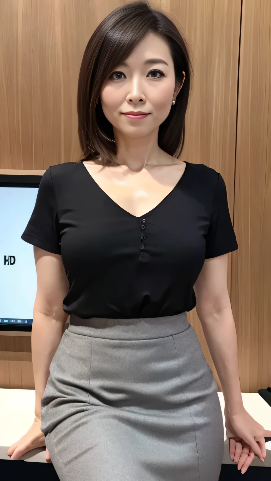 One Japanese woman、40 years old、female teacher、White ribbon collar blouse、Knee-length pencil skirt、Cowboy Shot、Watching the audience、classroom、uhd, masterpiece, anatomically correct, super detail, best quality, 8k