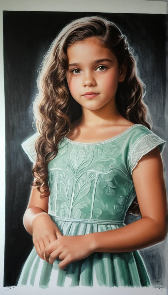 An illustrated movie poster, hand-drawn, full color, a young girl, wearing a chiton, resembles Mathilde Lando, warm brown complexion, jade green eyes, ashy hair, long loose curls, waist-length hair, posing on a pedestal, hard shadows, graphite shading, stencil marks, airbrushed acrylic paint, masterpiece, in the style of Game of Thrones