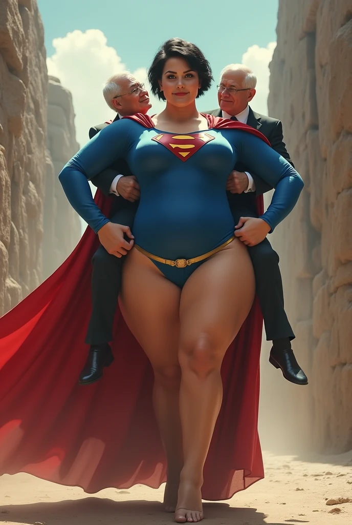 Beauty Dark short haircut blue supergirl bragas stockings big tits big butts giantess capa arms on hips y carga sobre sus espaldas lift carry piggyback a su maestro querido humano de 60 años vestido como un gentleman