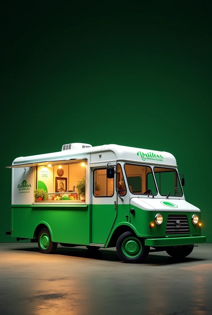 Green and white food truck with a black background and a green-brown logo