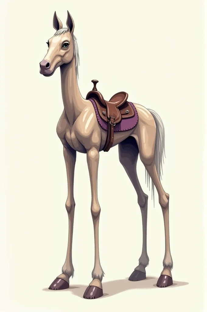 Draw me a tall creature with long legs, hairy and a saddle on its back