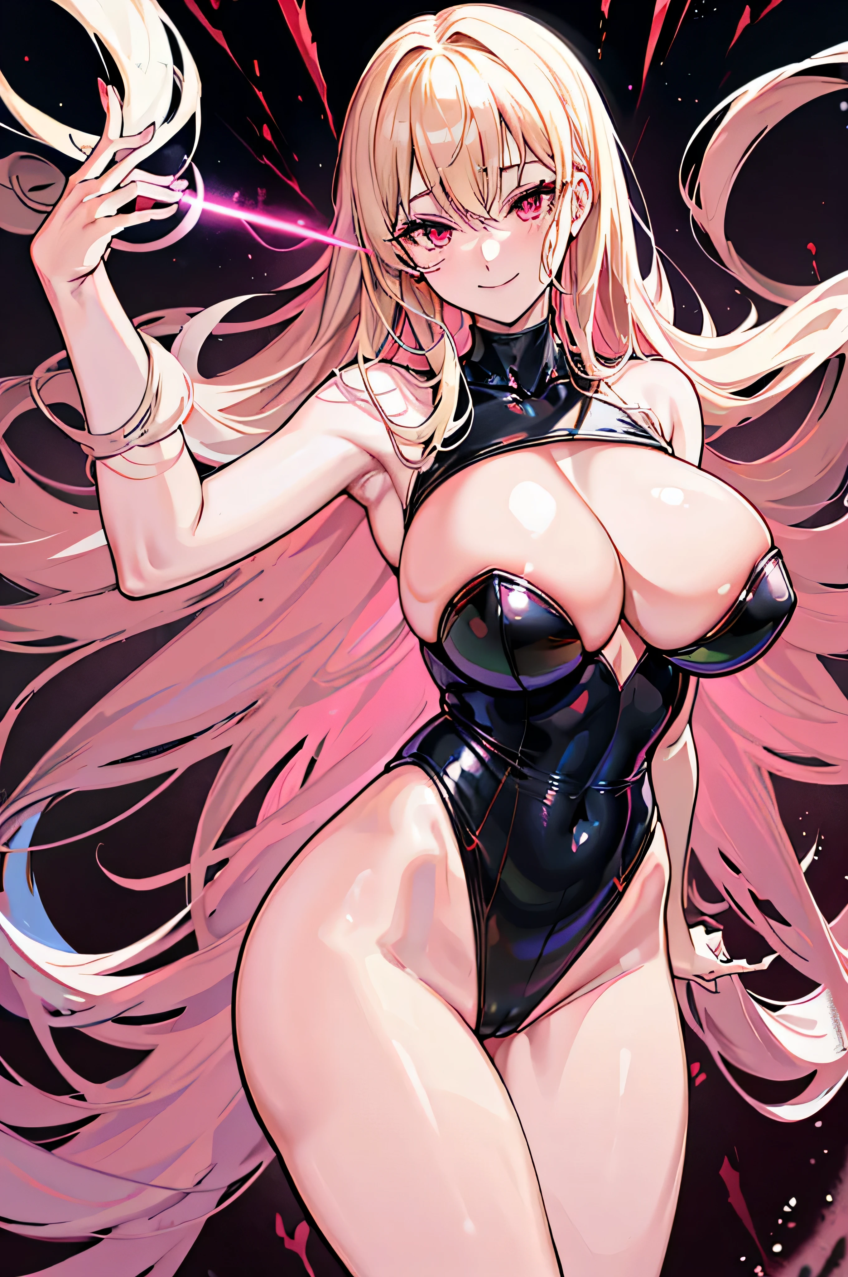 Carefully draw the face High-quality faces in anime style Glossy black leotard Black Red lines all over the body a blond huge BIG ASSip thighs seductiv a smile succubus Rear view,solo,black and pink background,Embodiment of evil