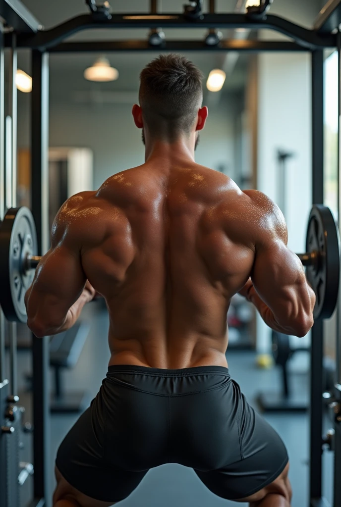 A man in tight, sweaty gym pants doing squats, with a perfect view of the ass