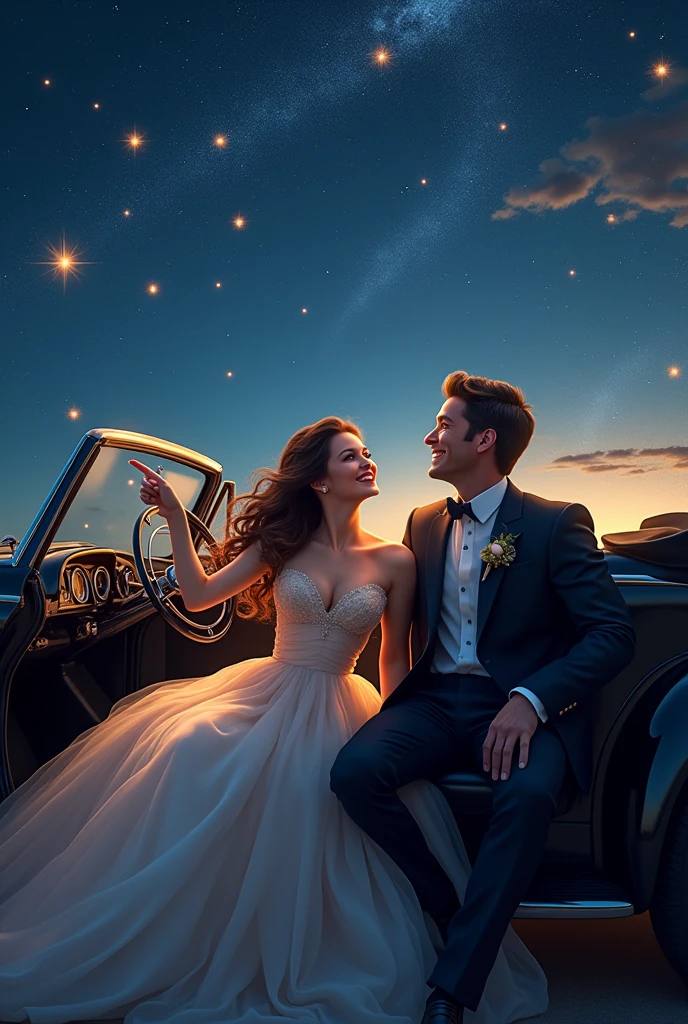 White woman with brown hair, in a ball gown next to a man in a suit. The woman points the stars to the man. The sky must be starry. They must be in a fancy old black car. Laughing they are