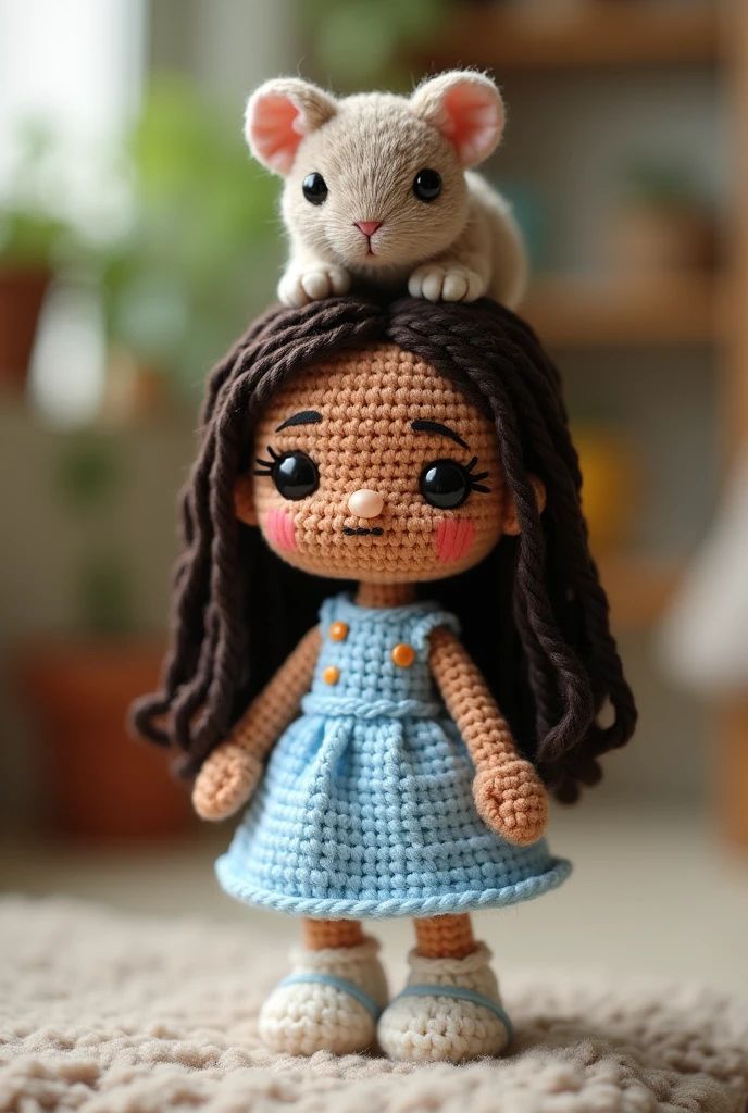 Make an amigurumi doll with dark brown hair that reaches her waist, she has brown skin and is wearing a light blue dress and has a chinchilla on her head, the doll is thin and small