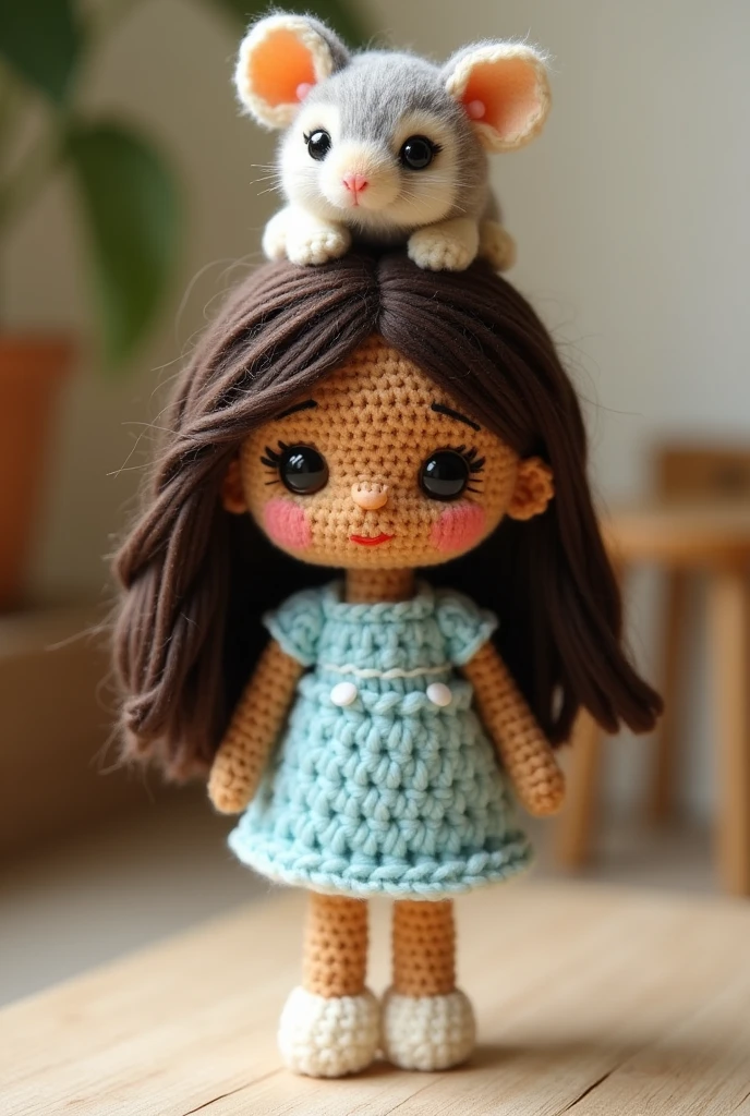 Make an amigurumi doll with dark brown hair that reaches her waist, she has brown skin and is wearing a light blue dress and has a chinchilla on her head, the doll is thin and small 