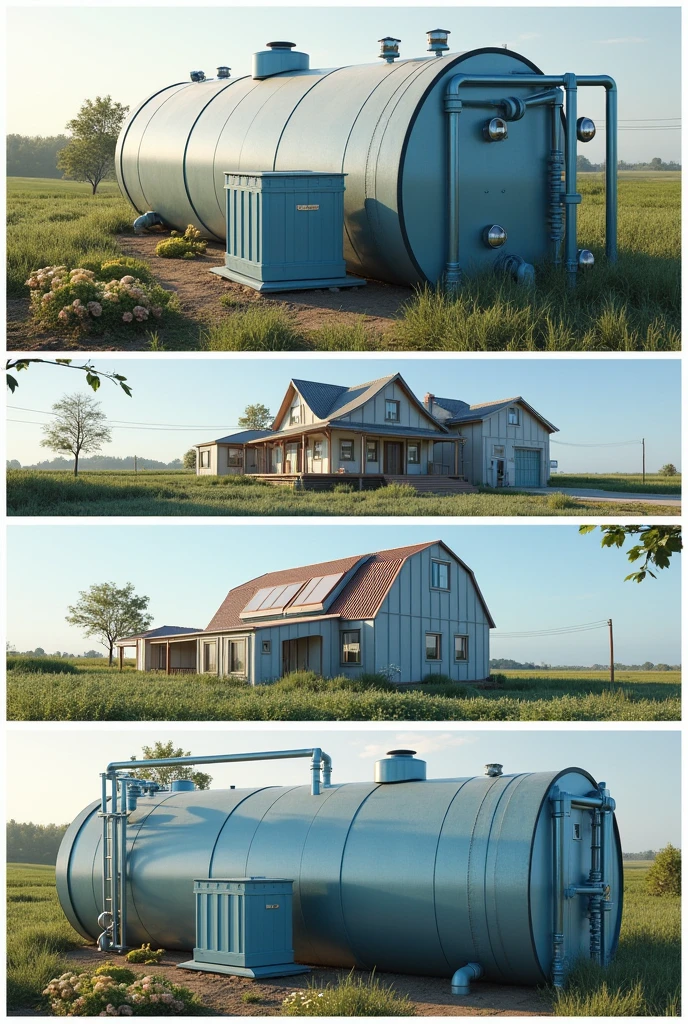 a water tank to filter grey water such as shower water, sinks and laundry sinks that come from a house for agriculture with sensors that measure water pollution that shows the house from a distance that the image has more images as a collage of all the angles that show how it would work