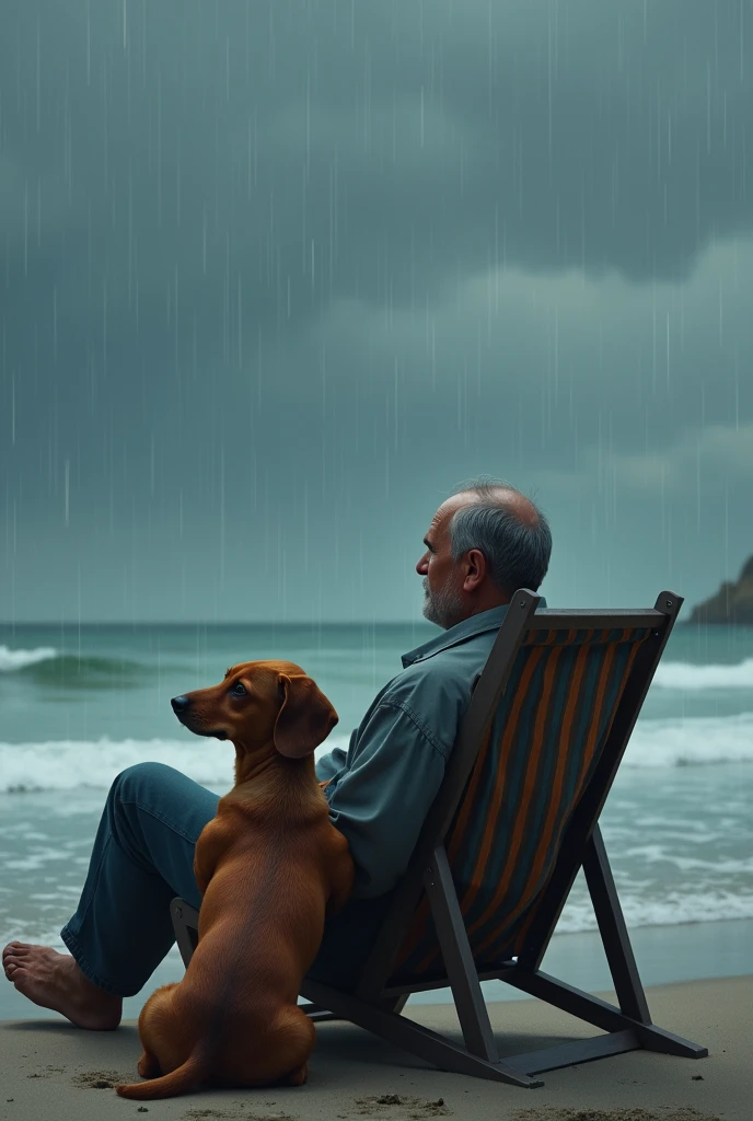 I am a stocky middle aged man with my caramel colored furry dachshund dog sitting on the beach chair on the beach looking at the rainy horizon 