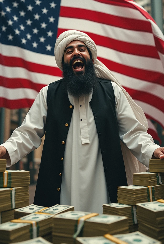 Armed Taliban leader laughing loudly , big bearded, white Afghan dress, black waistcoat, big white afghan turban; kissing and worshiping to USA flag; alot of bundles of dollars.
