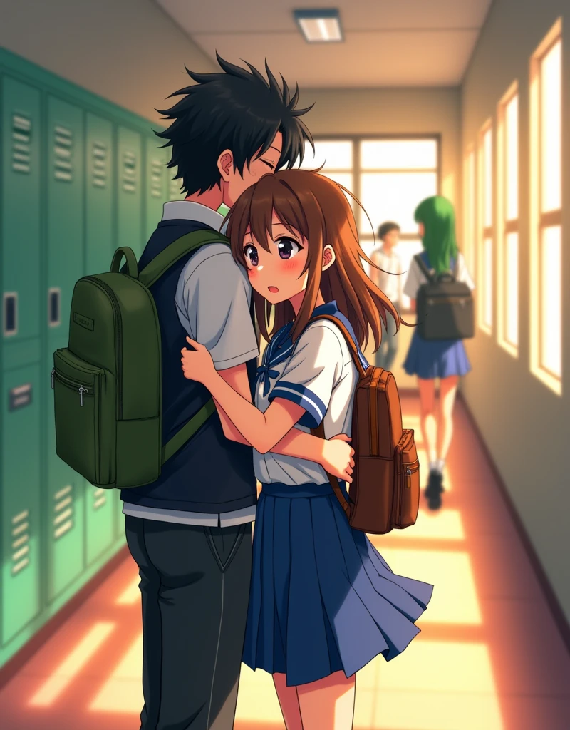 Create a anime style landscape image. Detailed and vibrant anime-style illustration set in a high school hallway. The layout features a corridor with green lockers on the left and large windows on the right, allowing warm sunlight to flood the scene. The main subjects are two students in the foreground, a boy and a girl, embracing each other. The boy has tousled dark hair and wears a white shirt with rolled-up sleeves and a dark vest, carrying a green backpack. The girl has long brown hair, a blue and white school uniform, and a brown backpack. In the background, another student with green hair and a casual outfit walks towards them, while a fourth student, a girl with long hair, walks away from the scene. The overall mood is emotional and tender, capturing a moment of comfort and support.