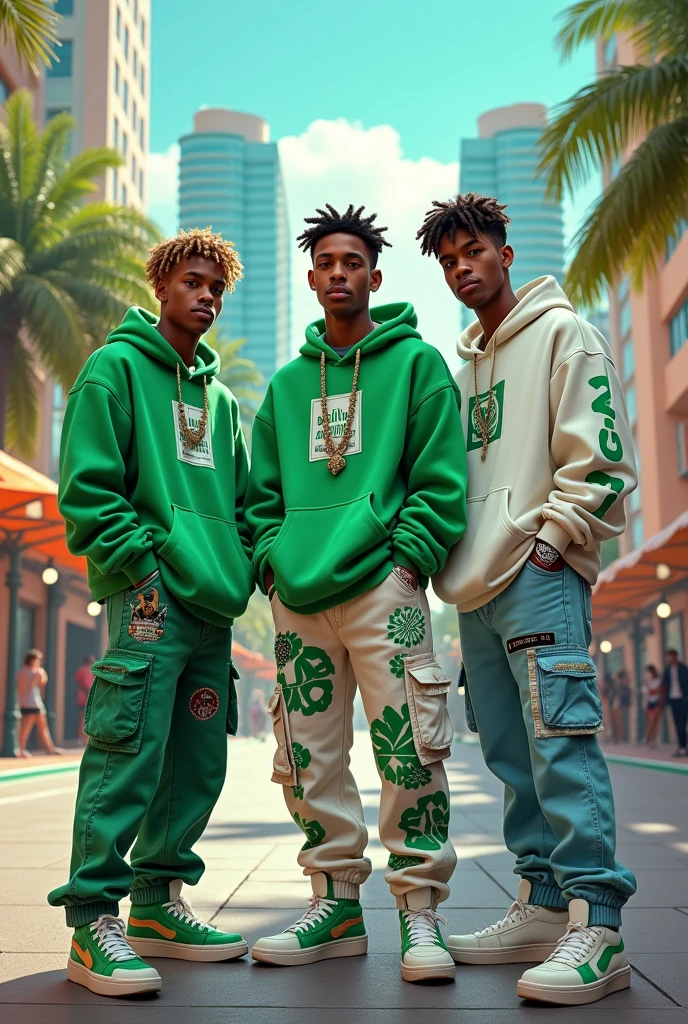 Three young adult boys
, rap style dresses green and white clothes on the streets of Miami