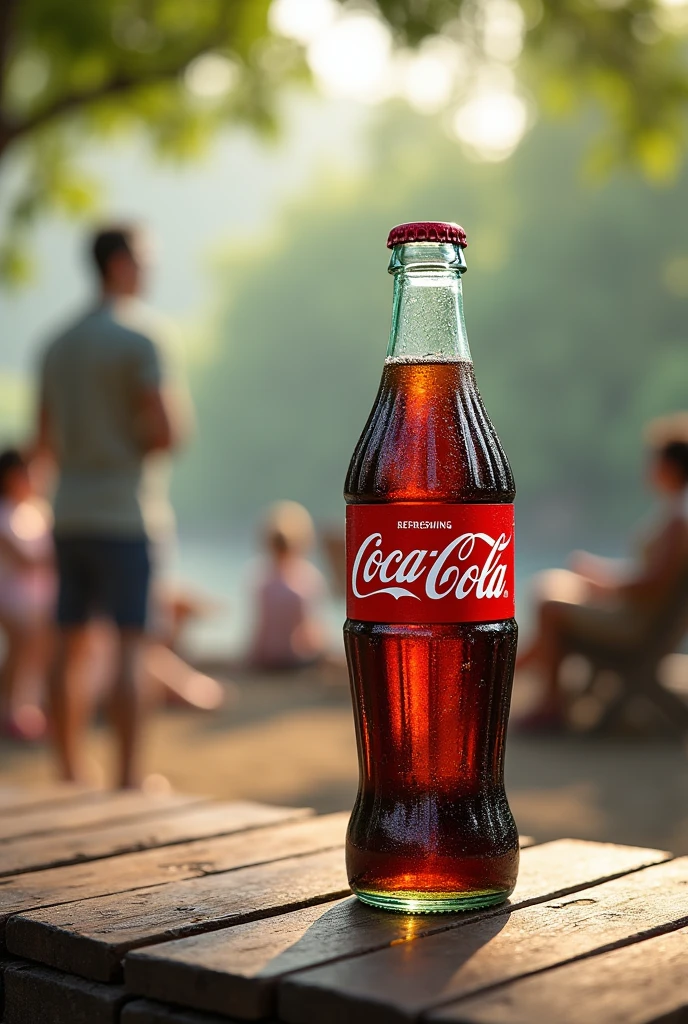 Create an image of a cold 2-liter Coca-Cola, placed on a nice wooden table outdoors with people in the background which will also be blurred.
Let the bottle be on the left side of the image, not in the middle. Consider the position I want for the bottle that I have indicated to you..
