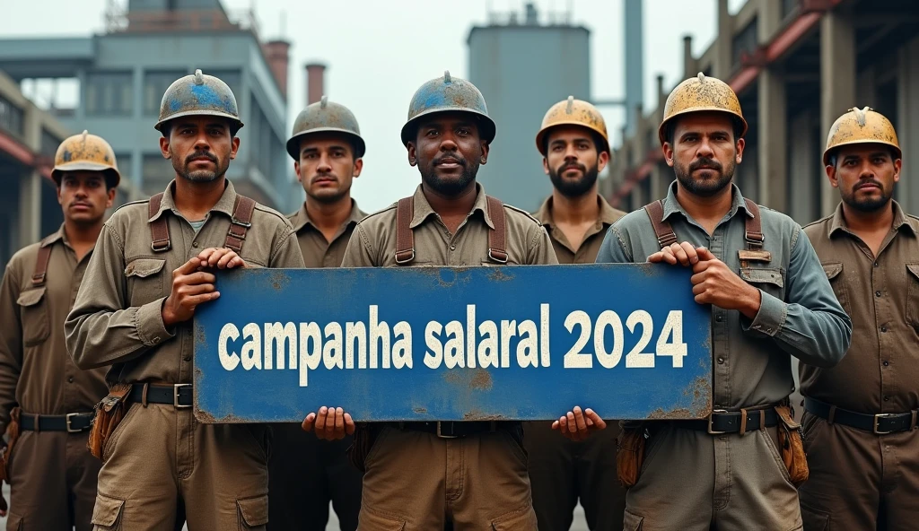 A striking depiction of Brazilian metalworkers, men and women, standing strong in front of a modern factory with large buildings. Dressed in dirt-streaked uniforms and safety helmets, their faces and hands smudged with grime, they face the camera with unwavering determination, holding a blue and white text banner with the phrase "Campanha Salarial 2024" in Portuguese. The scene captures the spirit of unity and struggle for workers' rights, with the dirt and sweat adding to the authenticity of their effort.