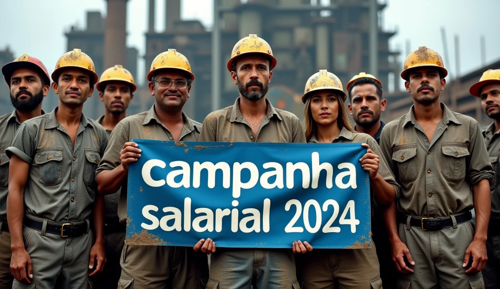 A striking depiction of Brazilian metalworkers, men and women, standing strong in front of a modern factory with large buildings. Dressed in dirt-streaked uniforms and safety helmets, their faces and hands smudged with grime, they face the camera with unwavering determination, holding a blue and white text banner with the phrase "Campanha Salarial 2024" in Portuguese. The scene captures the spirit of unity and struggle for workers' rights, with the dirt and sweat adding to the authenticity of their effort.