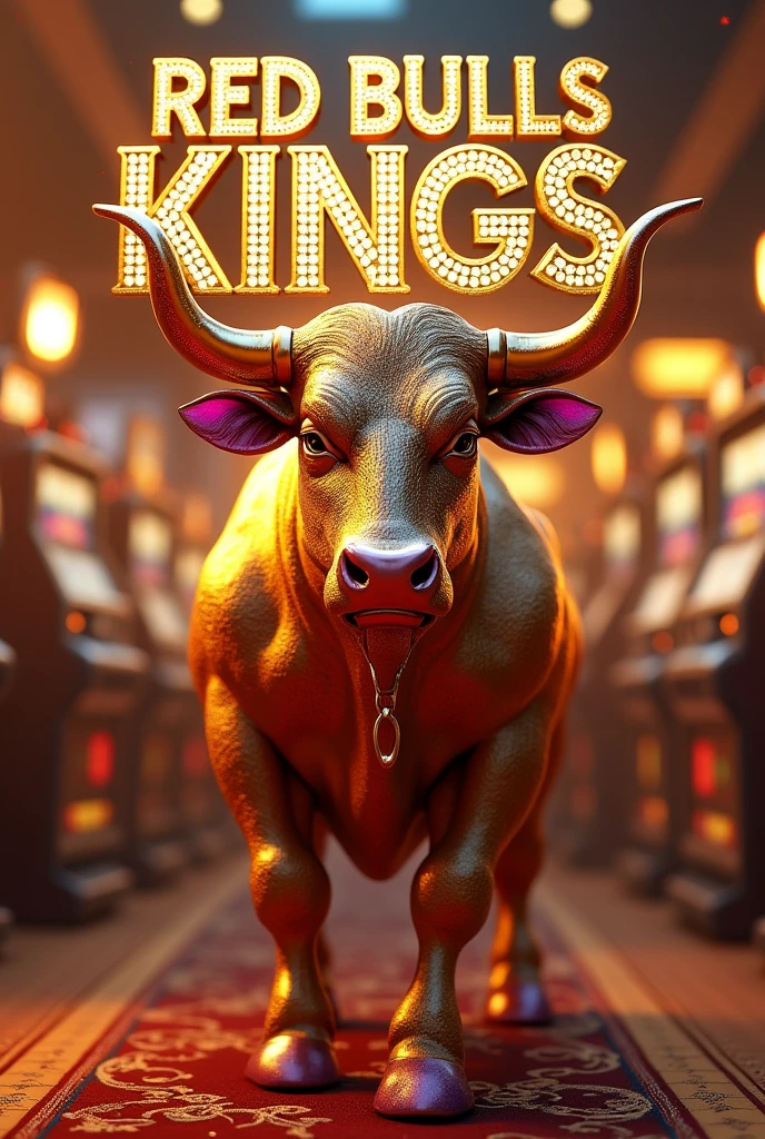 3D animation of a golden and purple colored female bull with the name on top "Red Bulls Kings" with gold letters and diamonds.
Golden slot machines in the background.