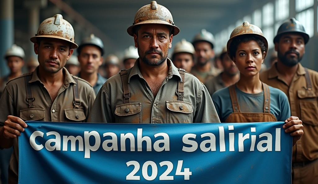 A powerful image of Brazilian metalworkers, men and women, covered in dirt and sweat, standing resolutely in front of a modern factory. Their uniforms are smudged with grease and dust, and their helmets show signs of wear. They hold a blue and white banner with "Campanha Salarial 2024" in Portuguese, symbolizing their fight for fair wages. The dirt on their faces highlights their determination and hard work.