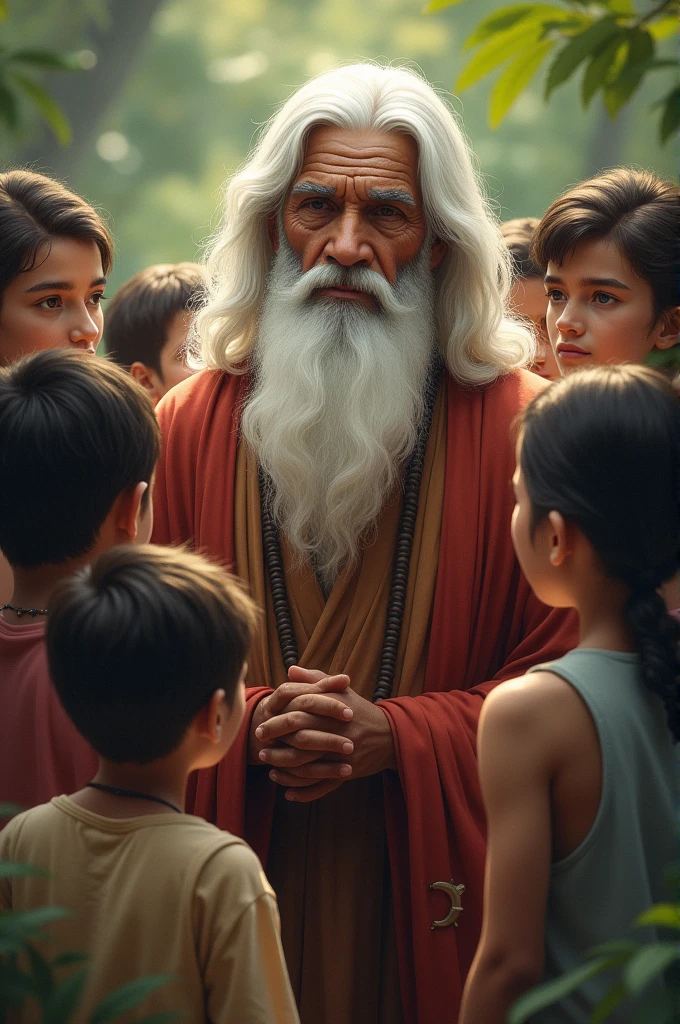 an old wise man with white hair, black skin with children in turn of him