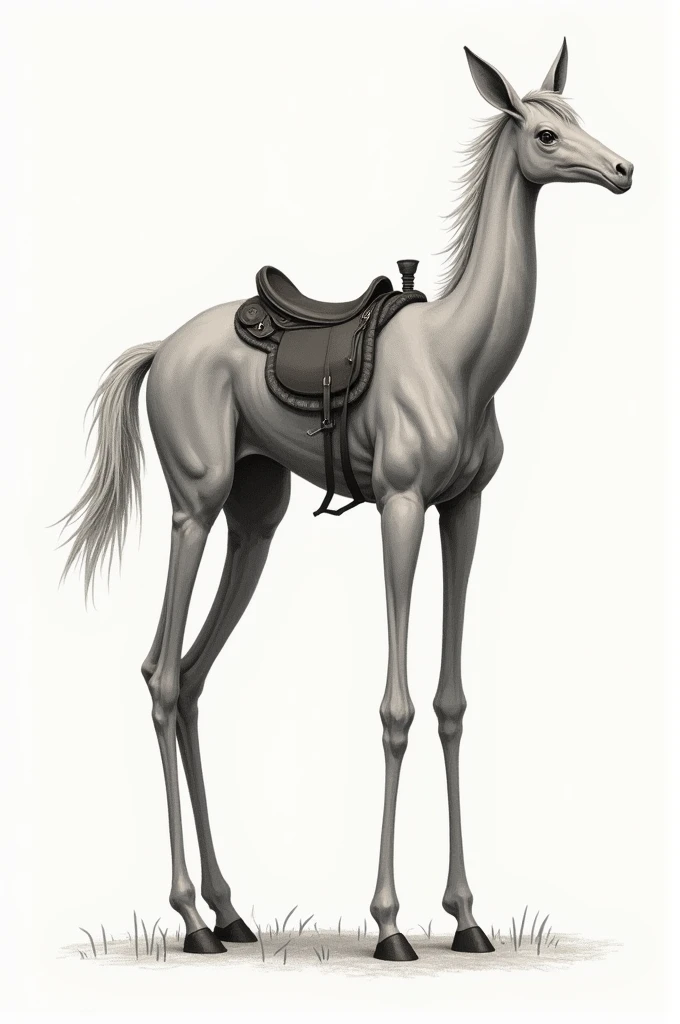 Draw me a tall creature with long legs, hairy and a saddle on its back