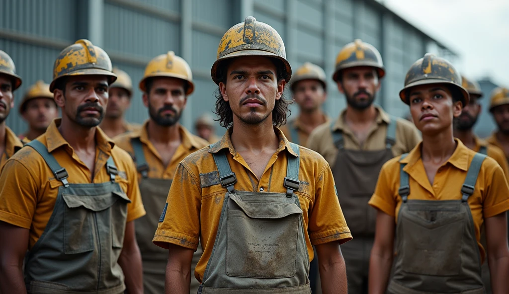 A realistic portrayal of Brazilian metalworkers, both men and women, with dirt-covered uniforms and safety helmets, standing in solidarity before a large modern factory. Their faces are marked by soot and sweat, reflecting their tough working conditions. Holding a banner with "Campanha Salarial 2024" in Portuguese, they embody the resilience and unity in their struggle for workers' rights.
