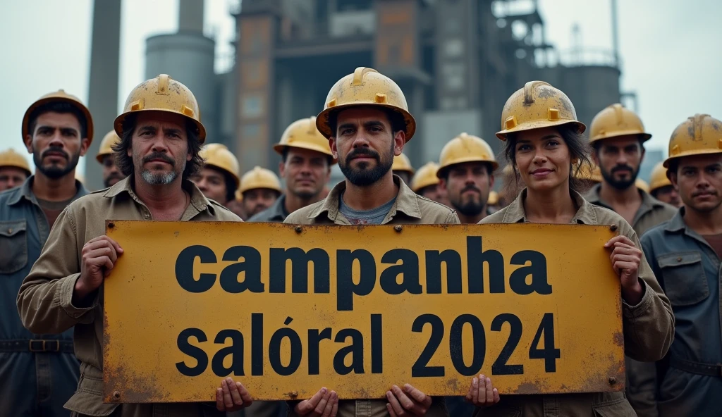 A realistic portrayal of Brazilian metalworkers, both men and women, with dirt-covered uniforms and safety helmets, standing in solidarity before a large modern factory. Their faces are marked by soot and sweat, reflecting their tough working conditions. Holding a banner with "Campanha Salarial 2024" in Portuguese, they embody the resilience and unity in their struggle for workers' rights.
