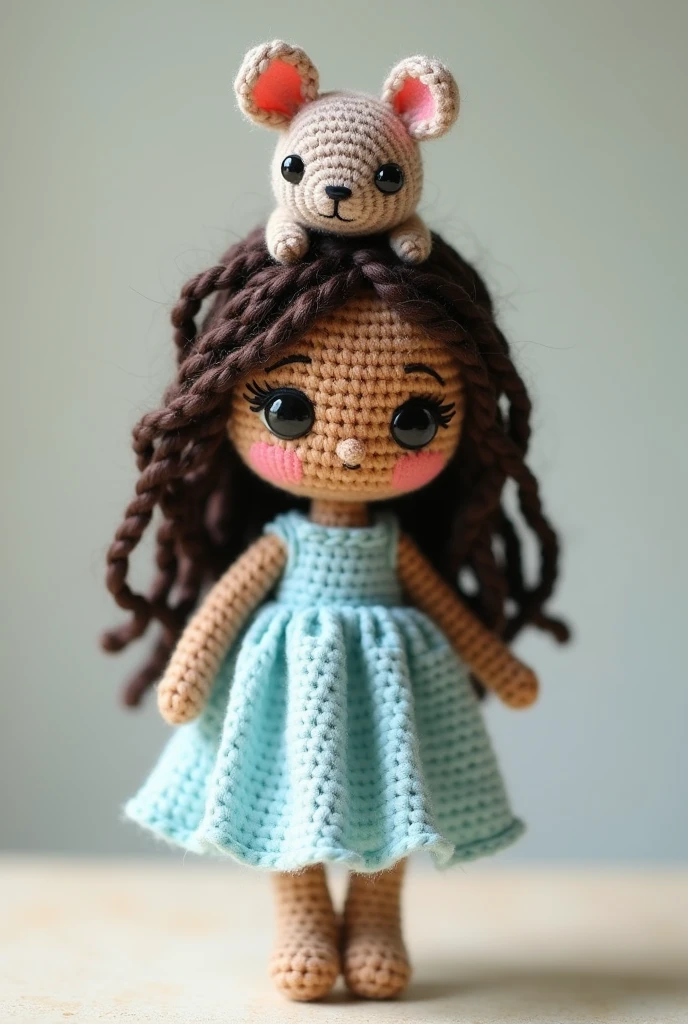 Make an amigurumi doll with dark brown hair that reaches her waist, she has brown skin and is wearing a light blue dress and has a chinchilla on her head. This doll is small and thin.
