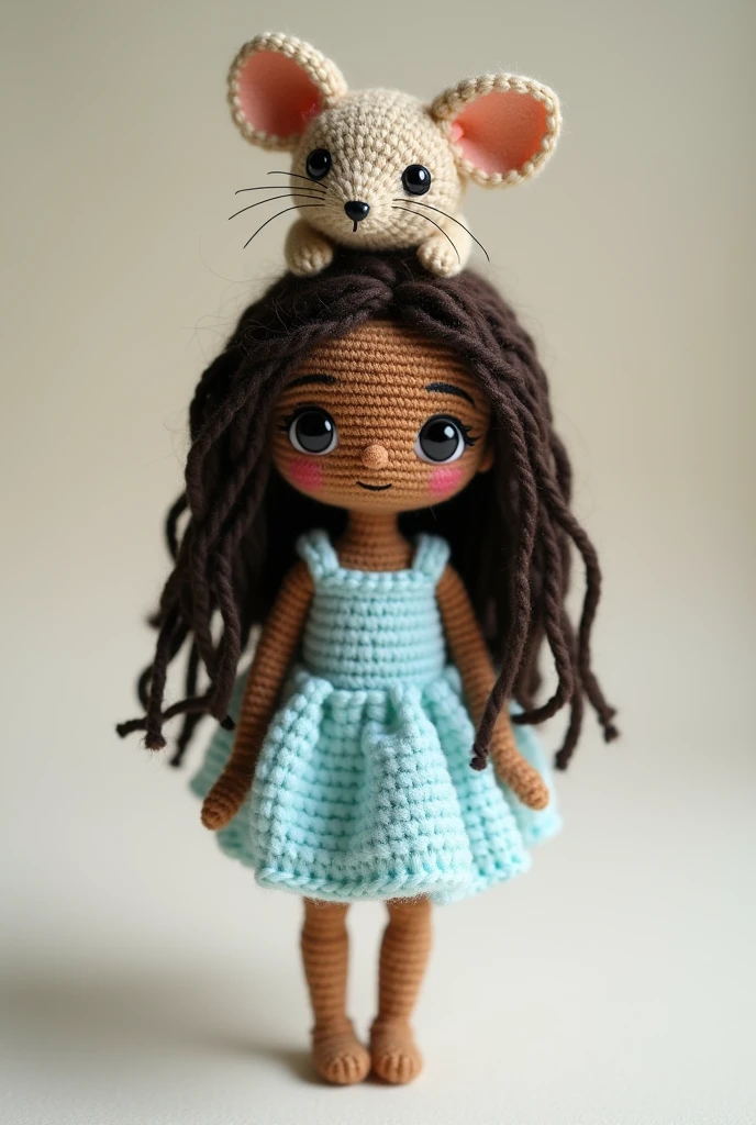Make an amigurumi doll with dark brown hair that reaches her waist, she has brown skin and is wearing a light blue dress and has a chinchilla on her head. This doll is small and thin.
