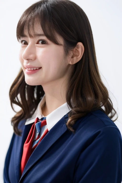 1 person, (White shirt and red tie, Wearing a navy blue jacket:1.2), Very beautiful Japanese idol portraits,
(RAW Photos, Highest quality), (Realistic, Realistic:1.4), (masterpiece),
Very delicate and beautiful, Very detailed, 2k wallpaper, wonderful, finely, Very detailed CG Unity 8K 壁紙, Very detailed, High resolution, Soft Light,
Beautiful detailed, Very detailed目と顔, Beautiful and sophisticated nose, finelyて美しい目, Cinema Lighting,
(Simple light color background:1.3),
(bangs),
Complete Anatomy, Slender body, Large , smile