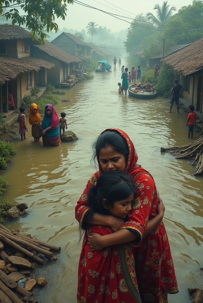 Make an image to save Bangladesh from indian flash flood with an heart touching background where people are affected by flood for facebook cover picture