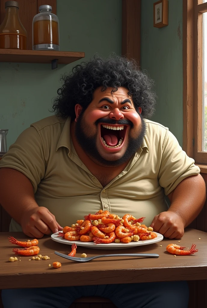 fat mexican with fluffy hair eating shrimp and burp