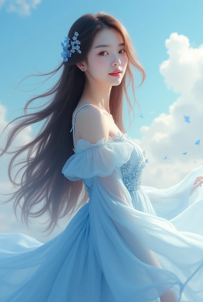 Create a Korean woman with long brown hair in a blue fluffy dress with a blue sky behind her