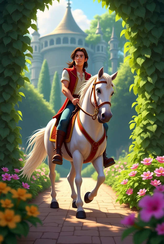 flynn rider ridding a white horse at a garden