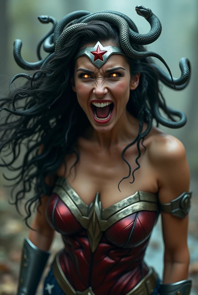 Greek mythology Medusa Wonder Woman snakes on her head (((Silver metal diadem with a red star on its front))),(((Wonder Woman Red Leather Corset Costume))),(((Scary and terrifying images this woman is screaming silver metal bracelets))),(((snake Eyes ))),(((Fangs)))