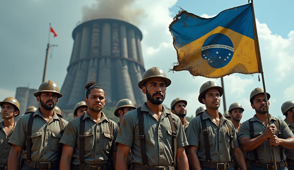 A gritty scene of Brazilian metalworkers, men and women, standing firm in front of a towering modern factory. Their uniforms are stained with dirt, and their hands and faces are smeared with grime. They hold a blue and white banner reading "Campanha Salarial 2024" in Portuguese, representing their determined fight for better wages. The dirt and sweat accentuate their commitment to the cause.