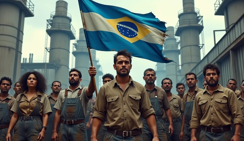 A gritty scene of Brazilian metalworkers, men and women, standing firm in front of a towering modern factory. Their uniforms are stained with dirt, and their hands and faces are smeared with grime. They hold a blue and white banner reading "Campanha Salarial 2024" in Portuguese, representing their determined fight for better wages. The dirt and sweat accentuate their commitment to the cause.