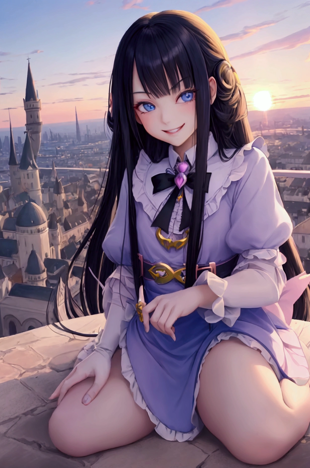 ((masterpiece)), aerial view, Sunset, ((pastel colors)), Ultra detailed, Anime girl with long black hair and blue eyes pointing at something, inspired by Alice Prin, Kage Kage Mamoru anime art style!, picture of ((mischievous)),, Alicia from Alicia in wonder land, Alicia's sister, (((evil smile)))