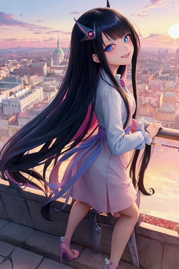 ((masterpiece)), aerial view, Sunset, ((pastel colors)), Ultra detailed, Anime girl with long black hair and blue eyes pointing at something, inspired by Alice Prin, Kage Kage Mamoru anime art style!, picture of ((mischievous)),, Alicia from Alicia in wonder land, Alicia's sister, (((evil smile)))