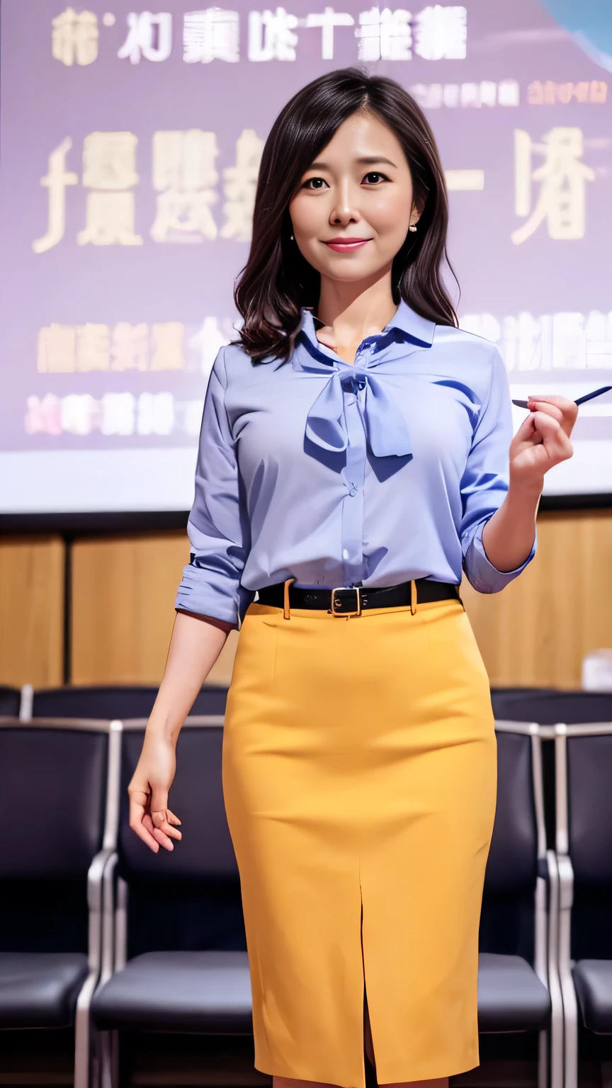 One Japanese woman、40 years old、female teacher、White bow tie blouse、Knee-length pencil skirt、Cowboy Shot、Watching the audience、classroom、uhd, masterpiece, anatomically correct, super detail, best quality, 8k