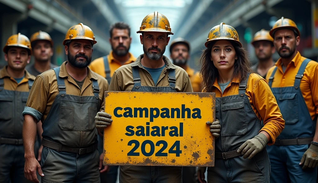 A striking and realistic image of Brazilian metalworkers, both men and women, standing together in front of a modern factory. Their uniforms are visibly dirty, and their faces are marked with grease and sweat, showing the physical toll of their labor. They hold a "Campanha Salarial 2024" banner in Portuguese, symbolizing their collective struggle for workers' rights. The dirt and grime on their attire highlight their resilience and determination.