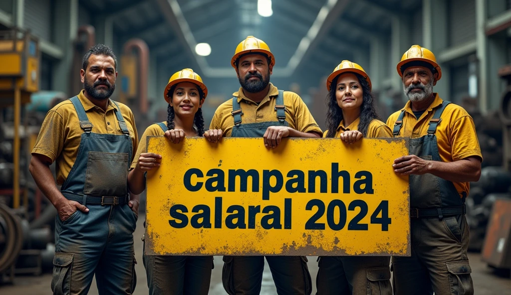 A striking and realistic image of Brazilian metalworkers, both men and women, standing together in front of a modern factory. Their uniforms are visibly dirty, and their faces are marked with grease and sweat, showing the physical toll of their labor. They hold a "Campanha Salarial 2024" banner in Portuguese, symbolizing their collective struggle for workers' rights. The dirt and grime on their attire highlight their resilience and determination.

